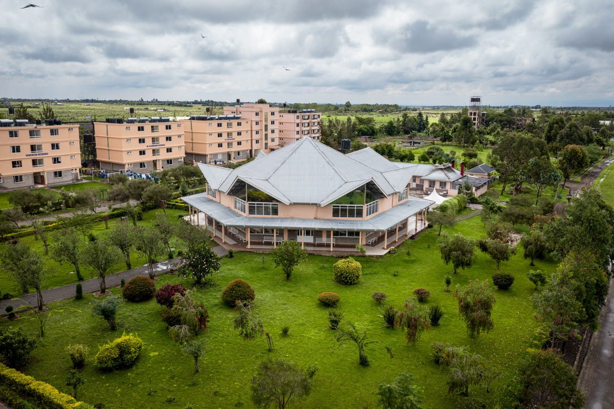 The dining hall from above, with the residences behind