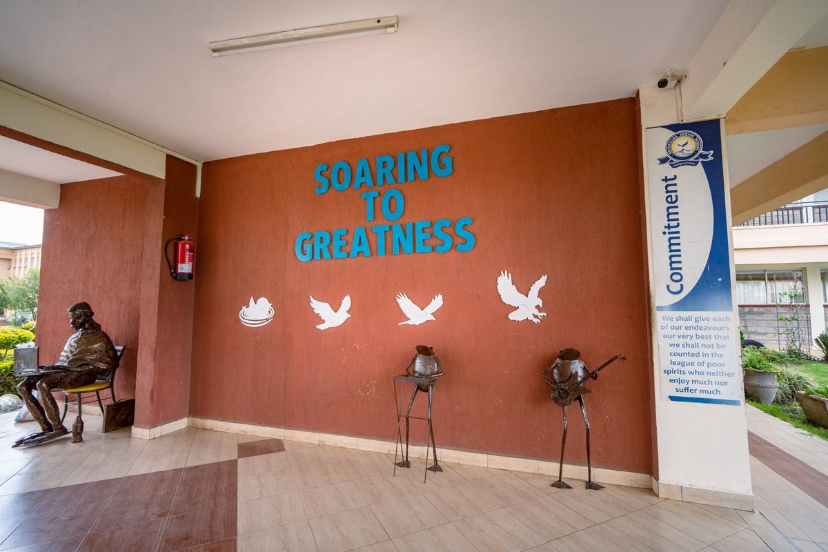 The Soaring to Greatness wall at the entrance, with the eagle ladder from nest to full flight
